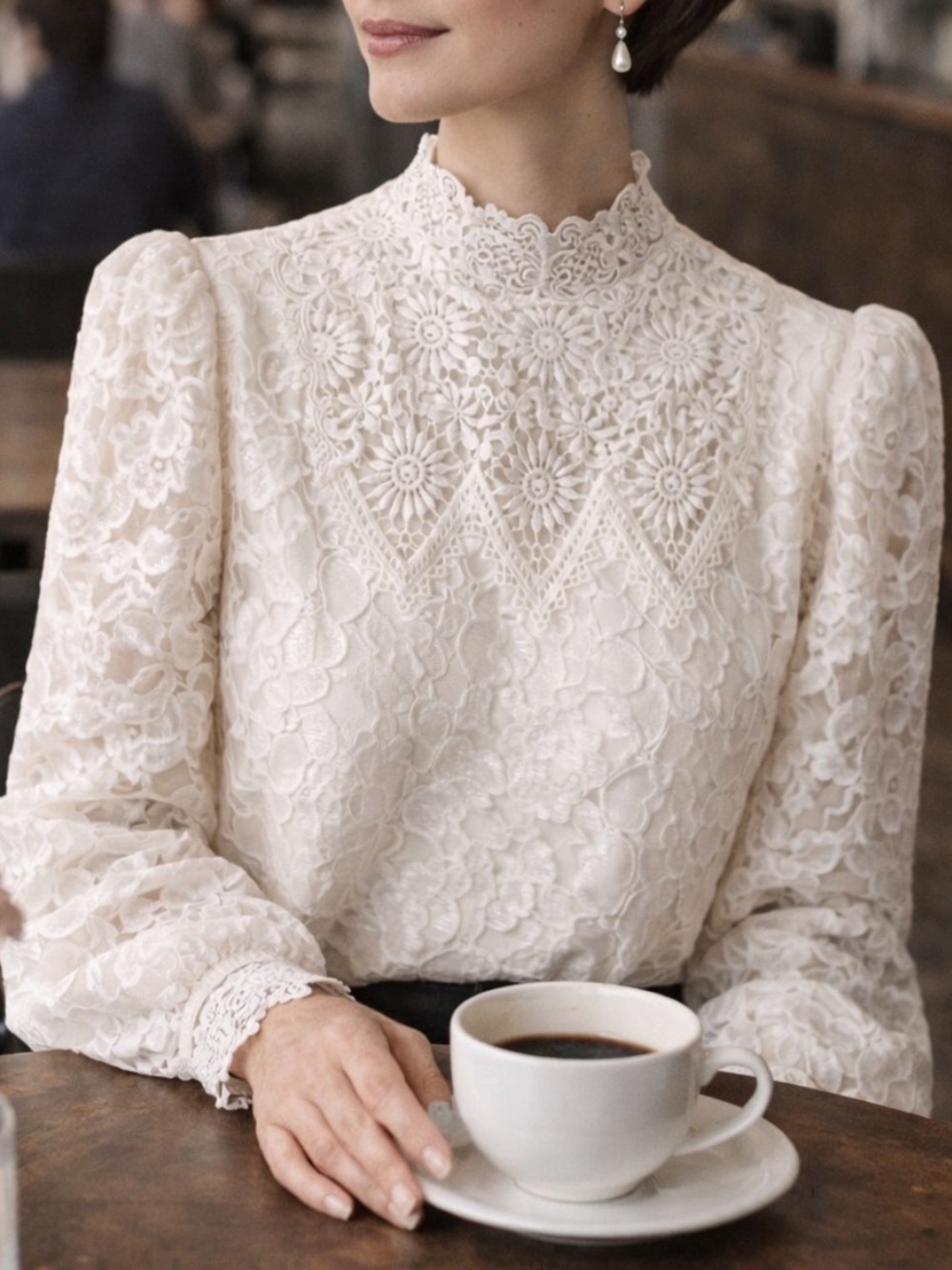 Vintage 80s Victorian Lace Blouse Ivory High Neck Romantic Top Modern Heirloom